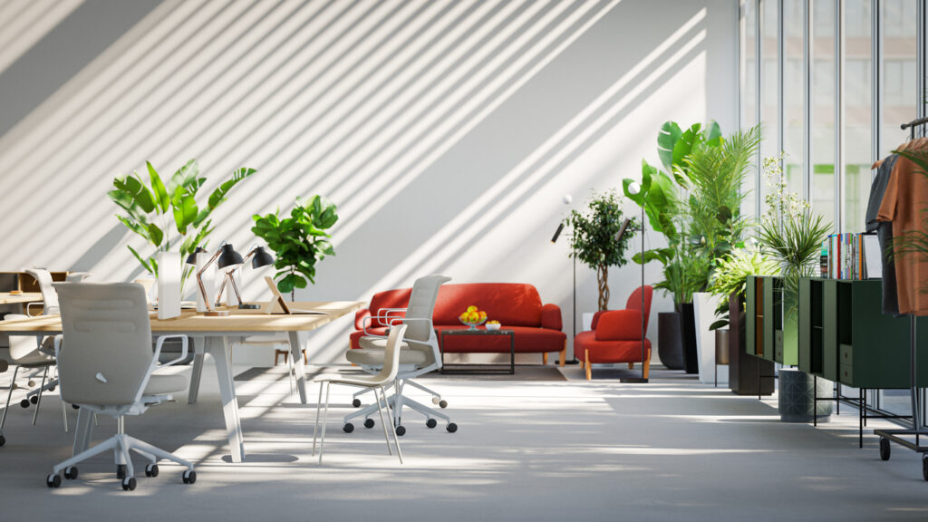 A large, empty open plan modern office interior to demonstrate Improve Commercial Indoor Air Quality