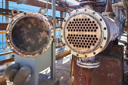 Two way heat exchanger shell and tubes opened at industrial petrochemical enterprise
